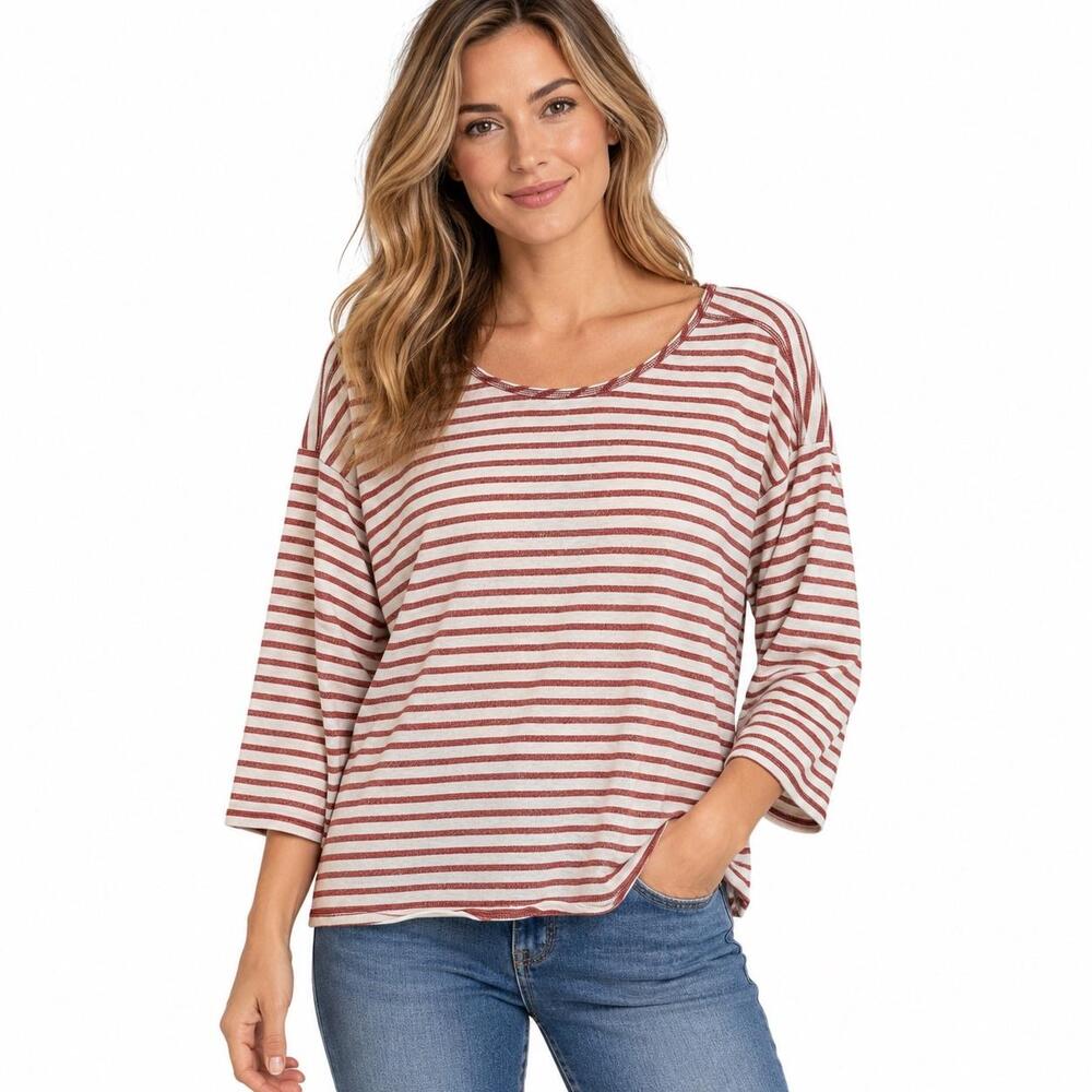 Madewell Shirt Womens Small Red Striped Scoop Neck 3/4 Sleeve Cotton Jersey Top
